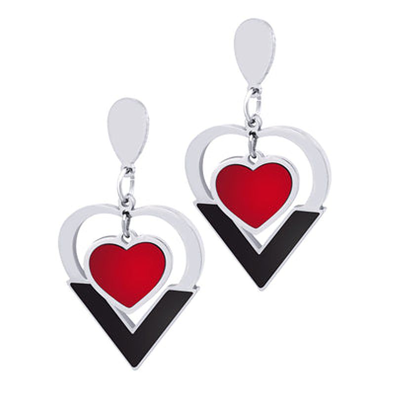 Stainless Steel Black and Red Heart Dangle Earrings - Click Image to Close